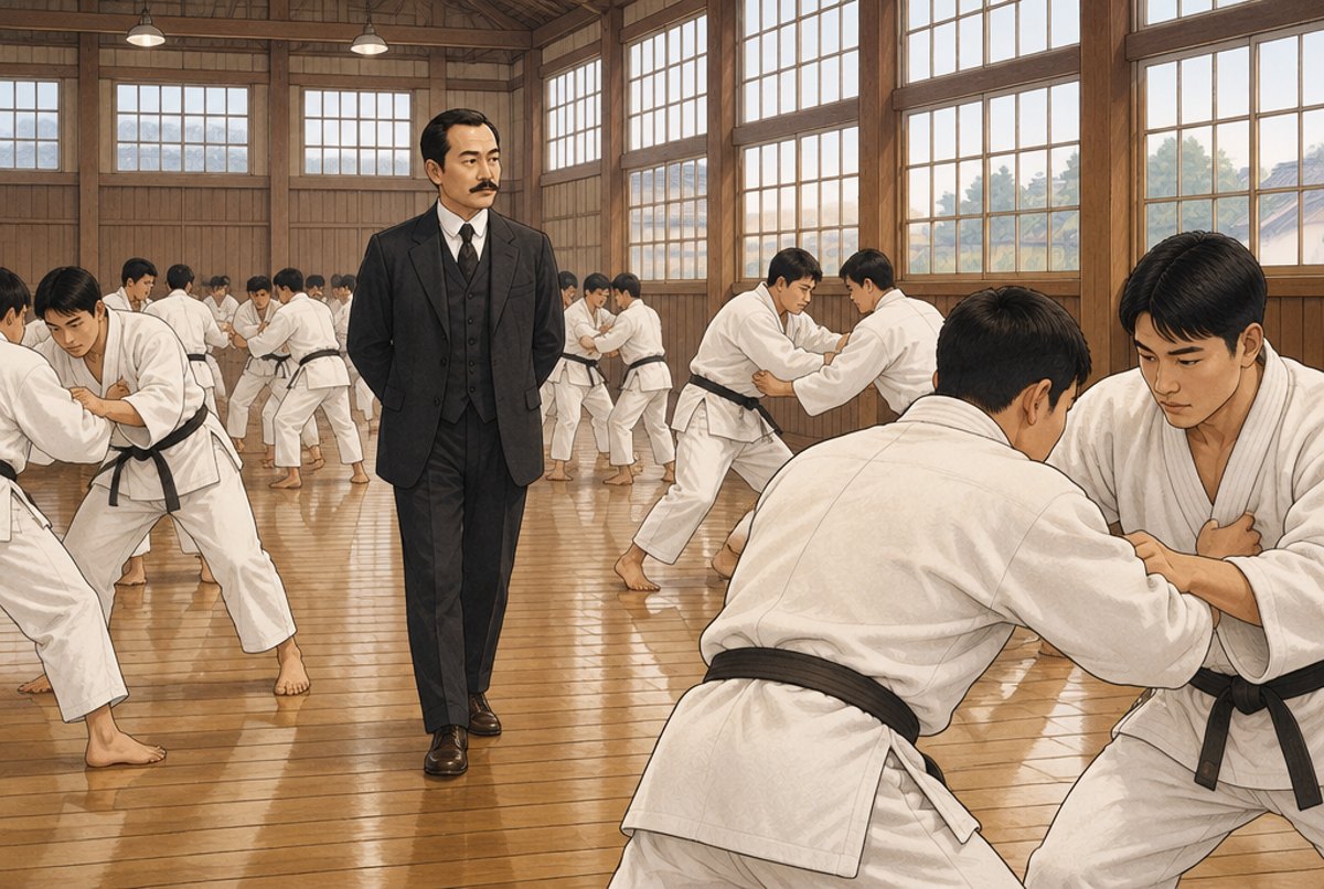 Kano in a suit walking between rows of college students practising judo in a large gymnasium.