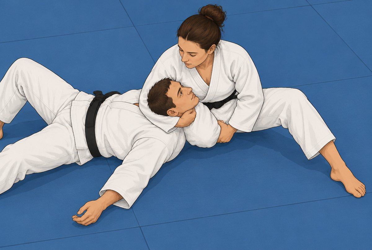 A judoka holding a partner down on the mat in the scarf hold, kesa-gatame.