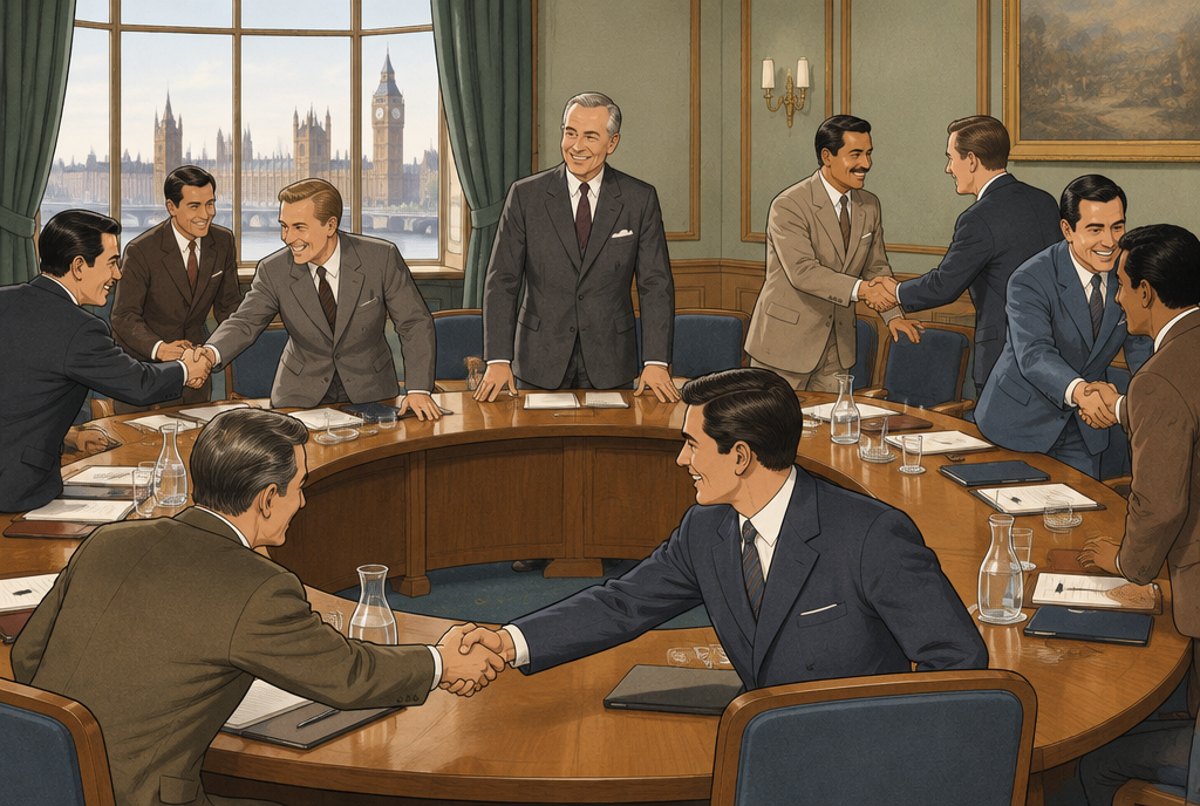 Delegates in 1950s suits shaking hands across conference tables in London.