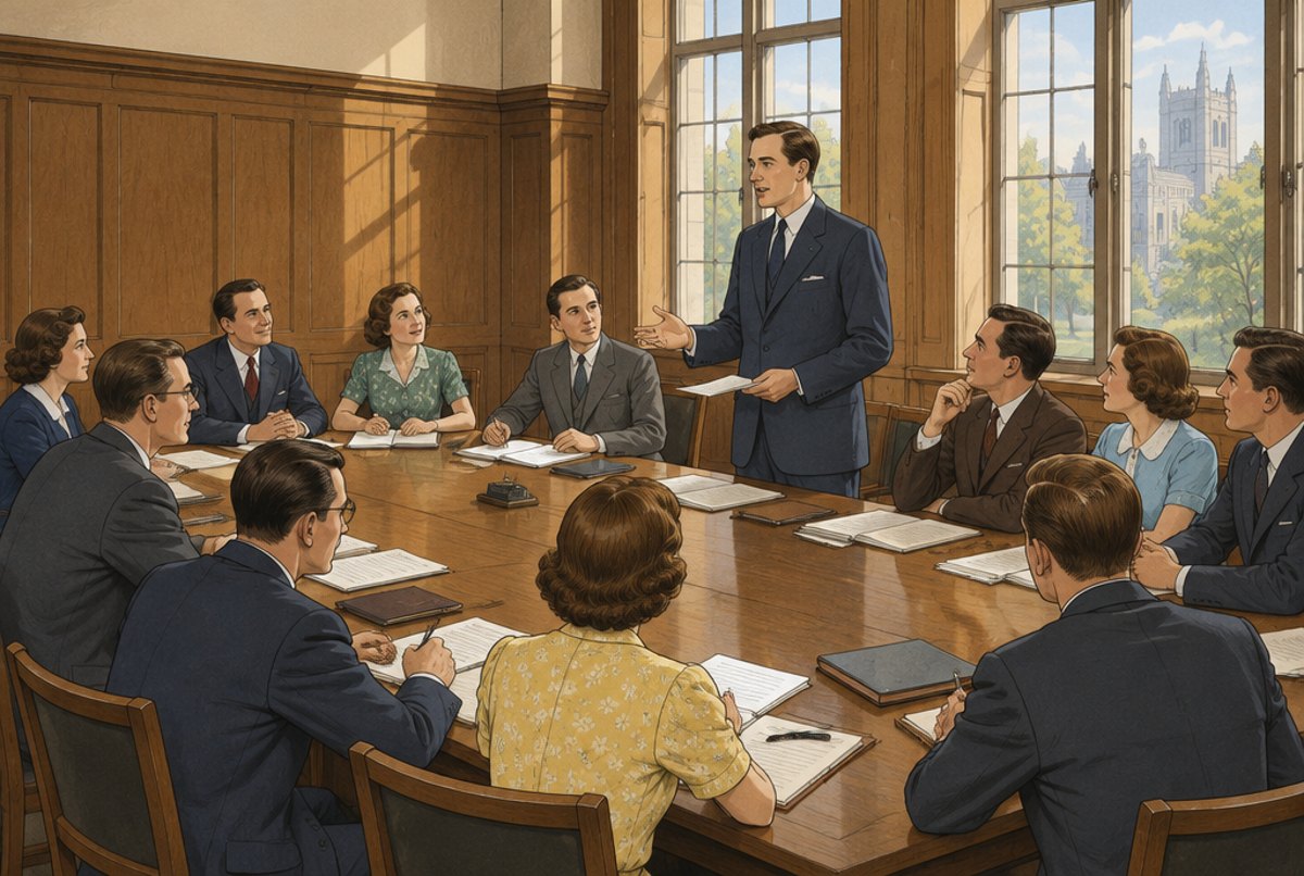 Men and women in 1940s clothes around a long table in a wood panelled London meeting room.