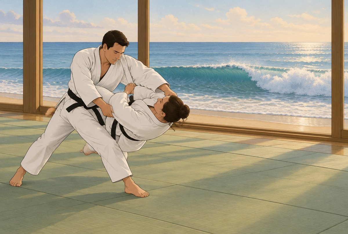 Two judoka in a smooth sweeping movement, with a wave rolling onto a beach outside the window.