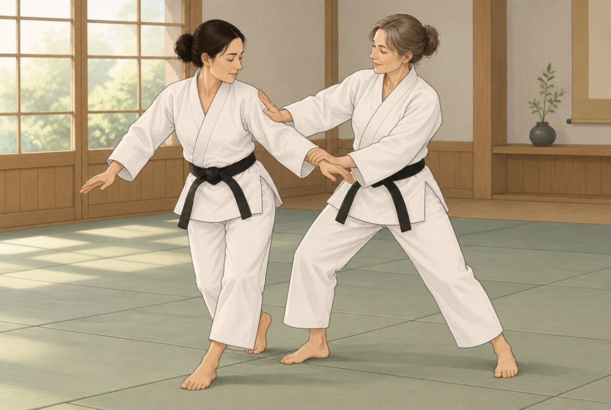 Two judoka moving slowly and gracefully through a gentle kata in which no one is thrown.