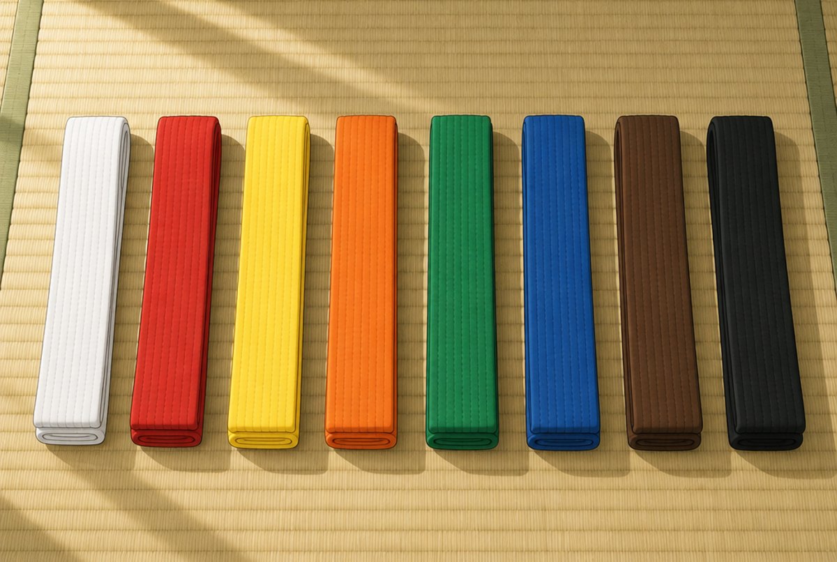 Judo belts laid in a row on a mat: white, red, yellow, orange, green, blue, brown and black.