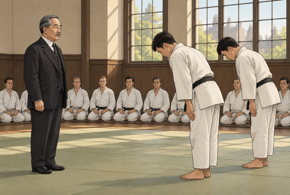 Kano in a suit standing at the edge of the mat while two London teachers in judo uniforms bow to him.