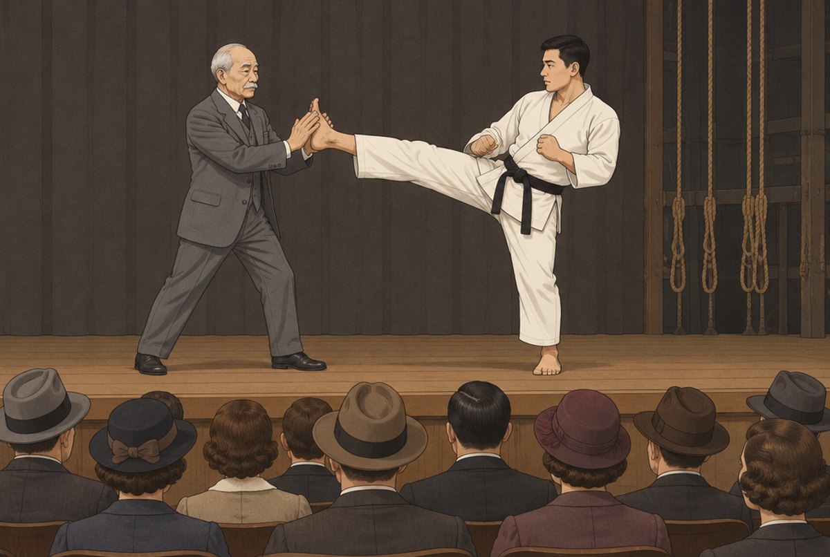 Kano in a suit meeting a kick from Sumiyuki Kotani on a stage, with an audience watching.