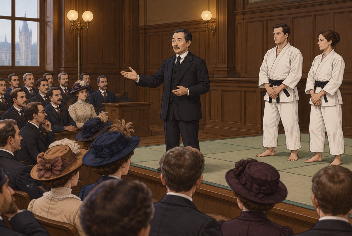 Kano in a suit lecturing to a European audience, with two judoka ready to demonstrate beside him.
