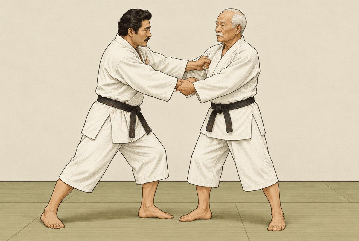 Kano, older and white haired, gripping with Kyuzo Mifune, both in old style judo uniforms.