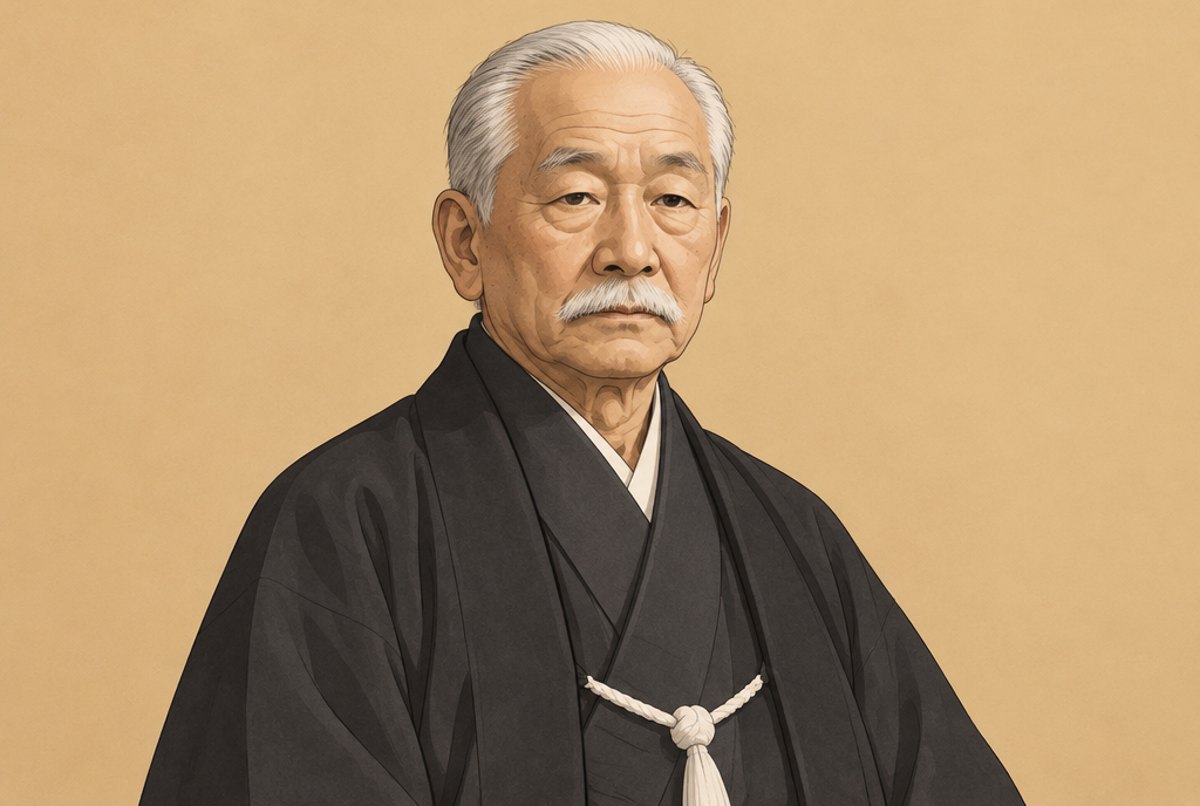 Portrait of Jigoro Kano as an older man with white hair and moustache, in a dark kimono.