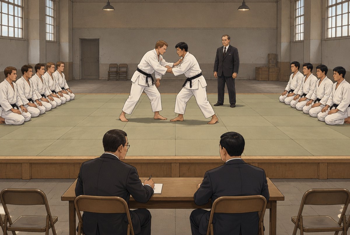 Two judo teams kneeling on opposite sides of a mat while two judoka grip in the centre in 1947.