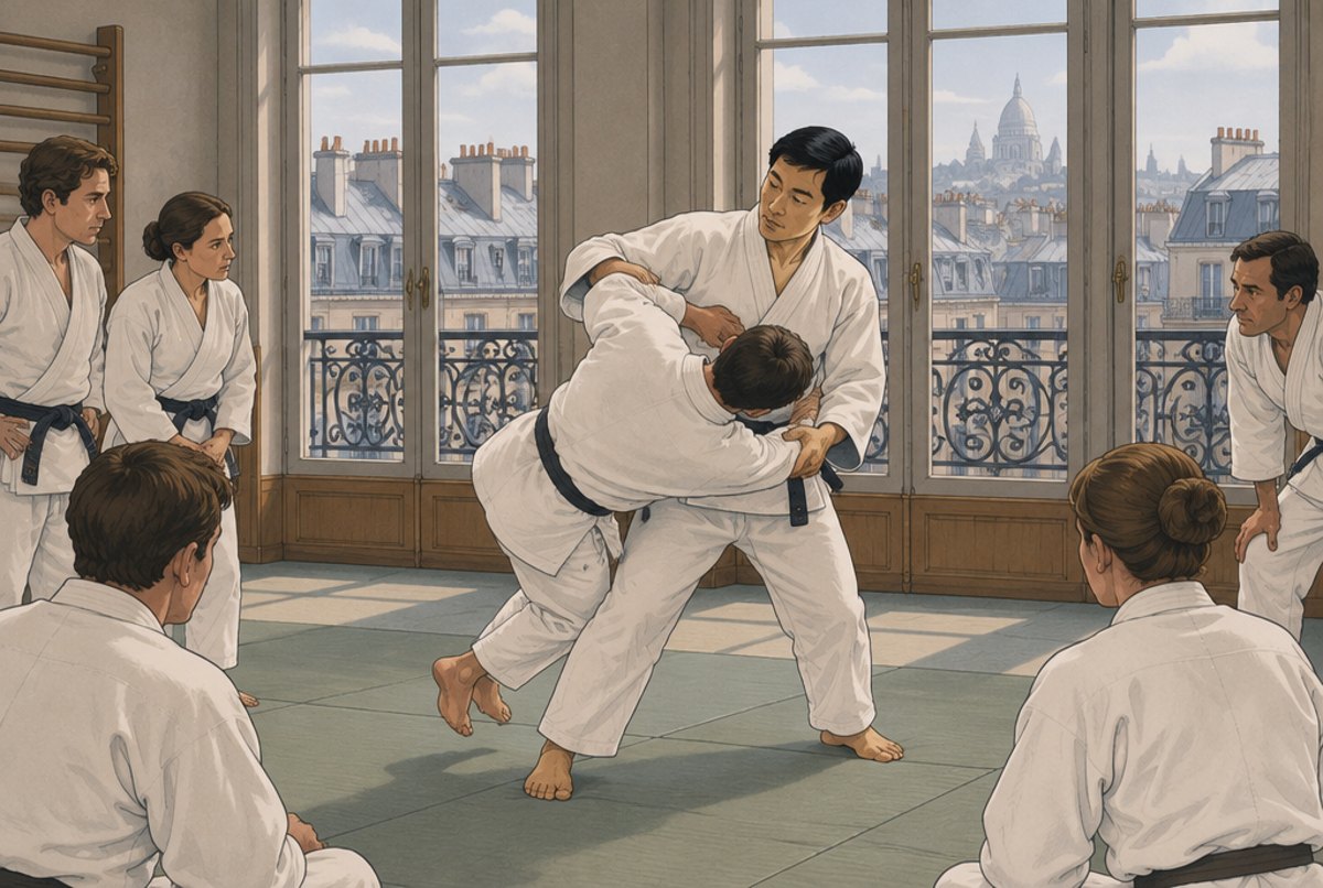 A Japanese teacher showing a throw to French students in a Paris club with tall windows.