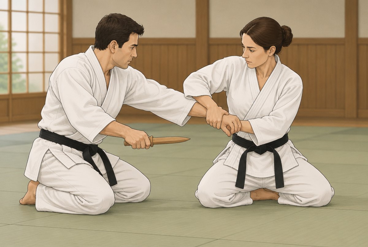 Two kneeling judoka in a kata, one controlling the other's arm that holds a wooden practice dagger.
