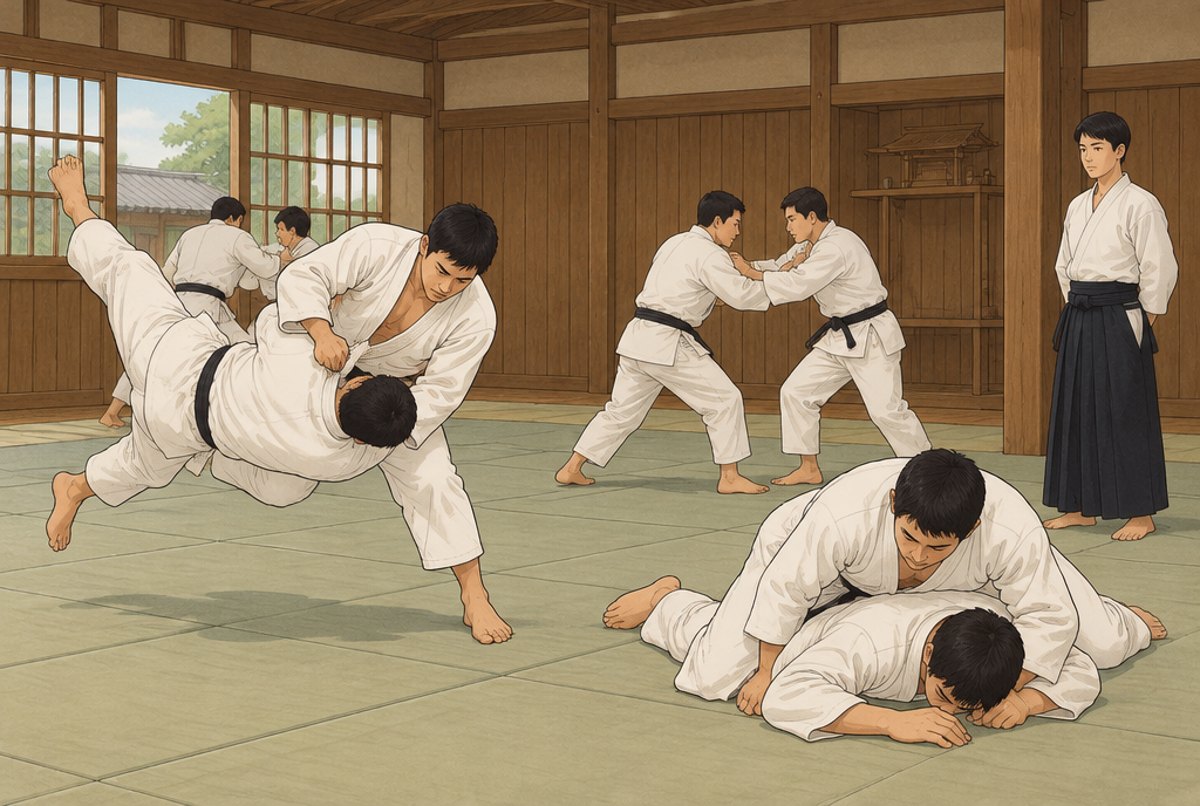 Pairs of students practising throws and holds in an early judo hall while their young teacher watches.