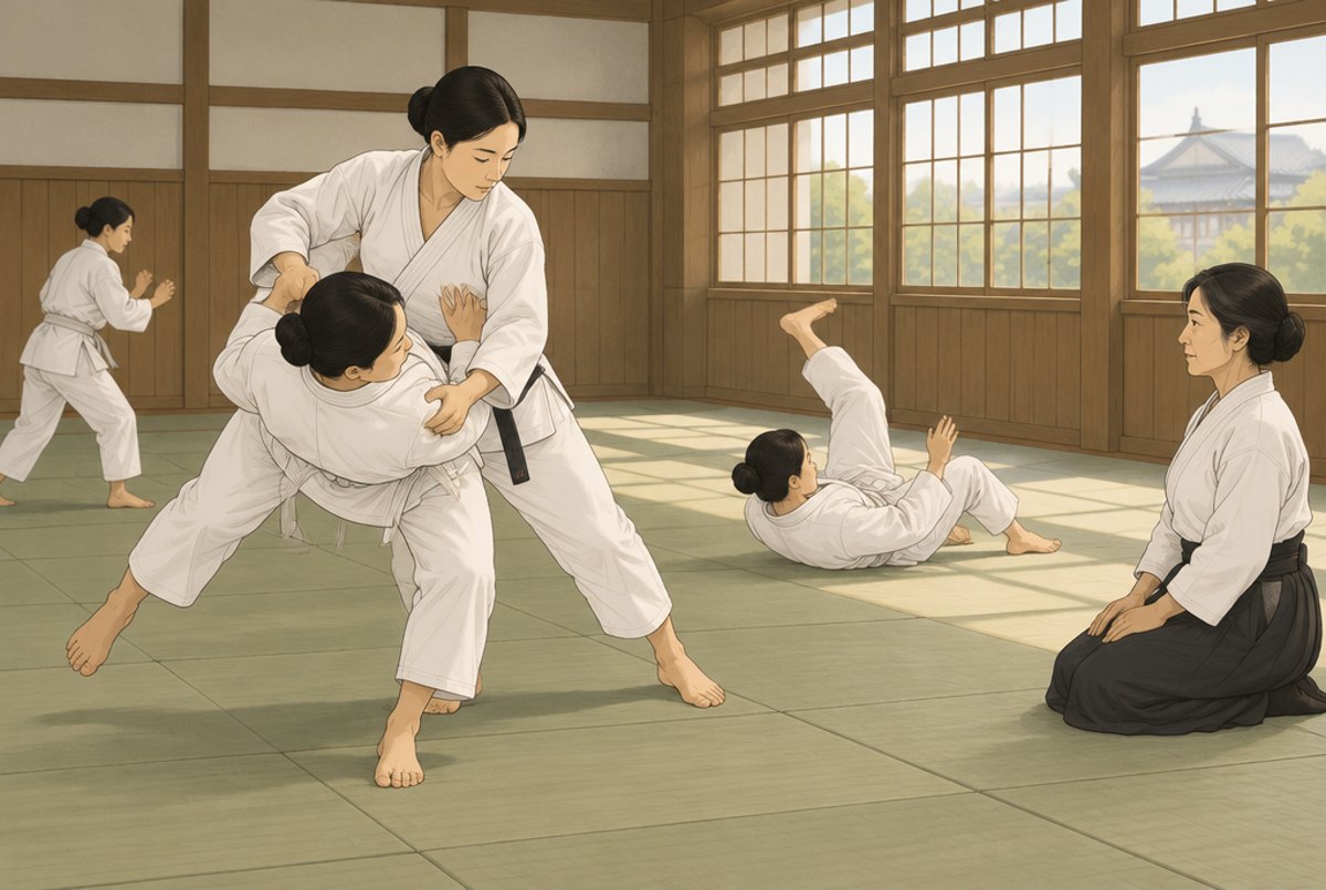 Women in white judo uniforms practising throws and breakfalls in a bright dojo in the 1920s.