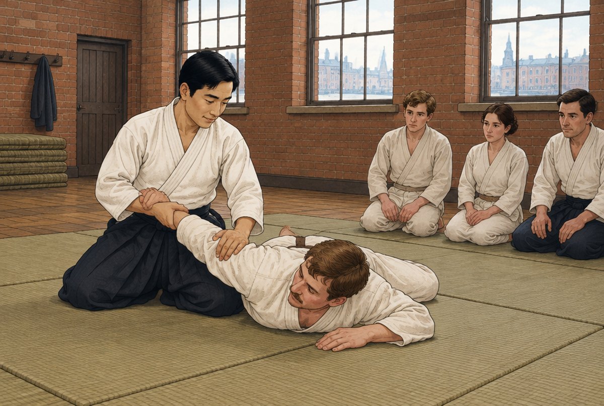 A young Japanese teacher showing a hold to English pupils in a small brick hall.
