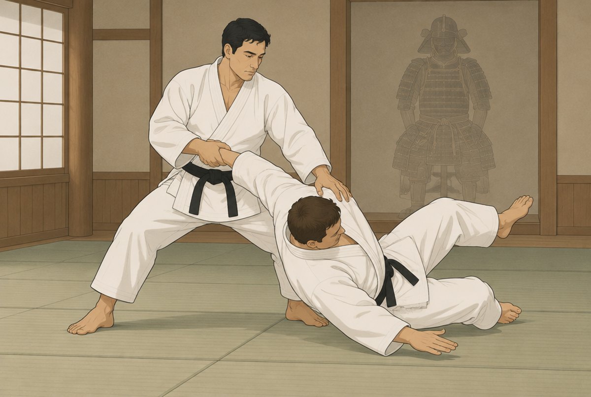 Two judoka moving slowly and heavily through an old kata, with a faint suit of armour behind them.