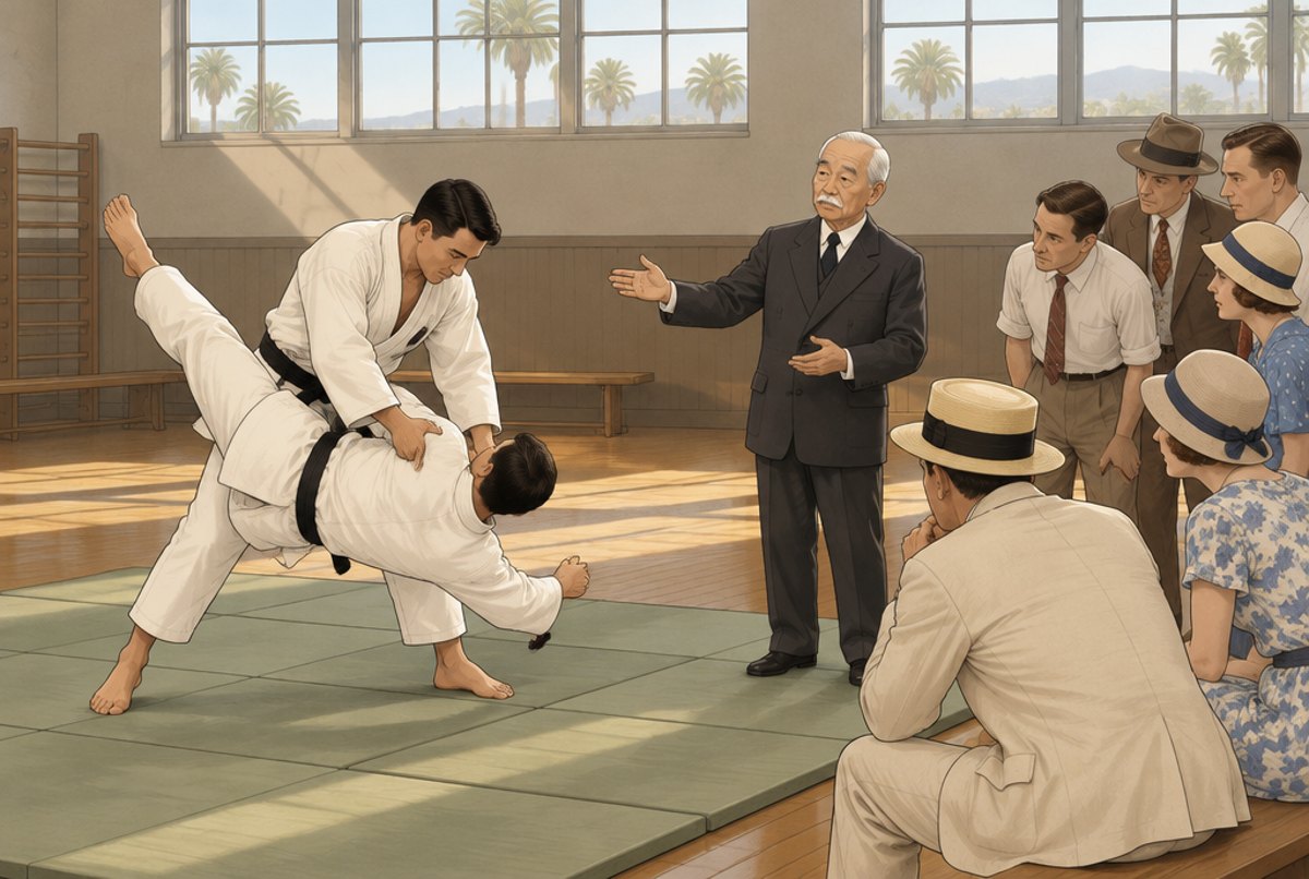Two judoka demonstrating a throw in a Los Angeles hall in 1932 while Kano explains to onlookers.