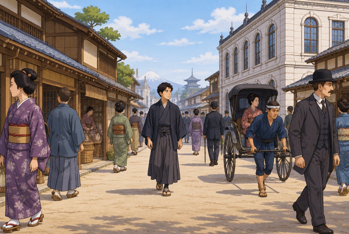A Tokyo street of the 1870s where people in kimono and people in Western suits pass each other.