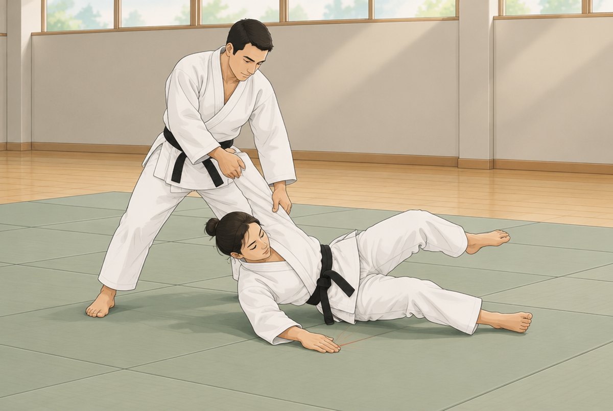 A judoka completing a clean throw in a formal kata while the partner lands in a breakfall.