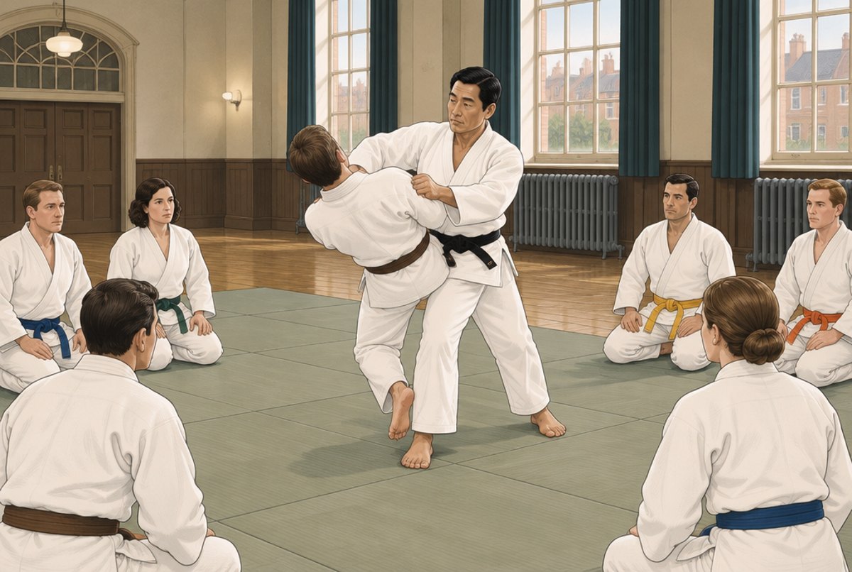 A Japanese teacher showing a throw to British students in a 1950s London dojo.