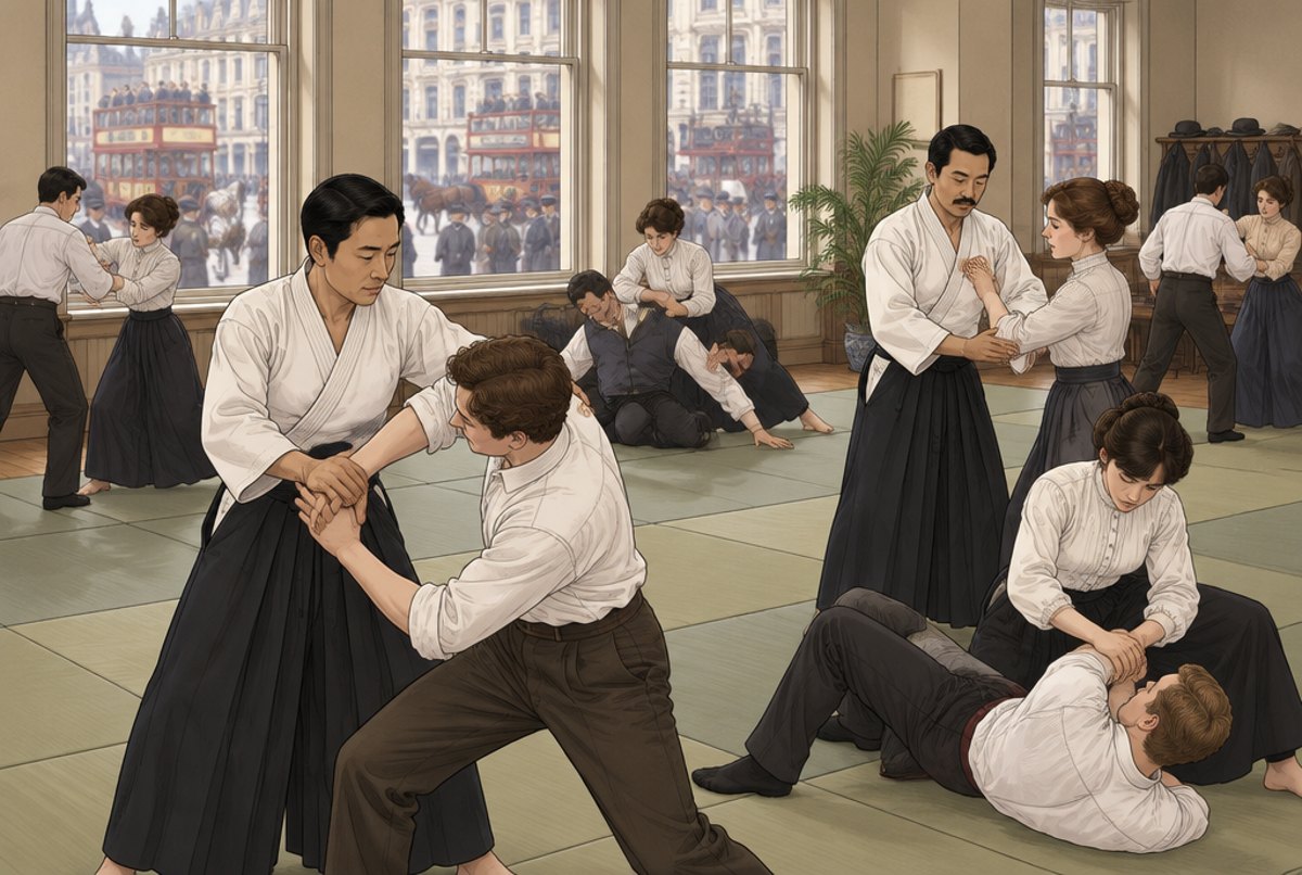 Two Japanese teachers coaching English pupils in a room above a busy Edwardian London street.