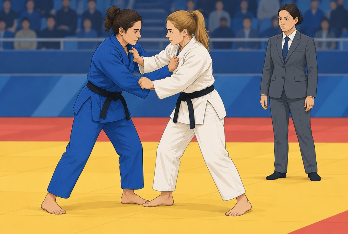 Two women judoka already gripping each other at the start of a Paralympic contest, a referee nearby.