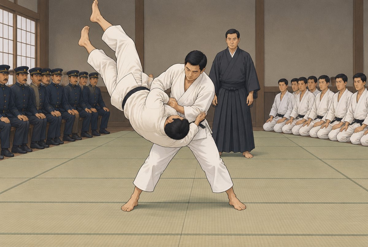 A judoka throwing a police jujutsu fighter in a contest while police officers and students watch.