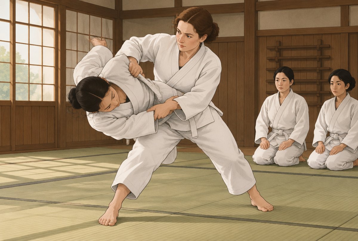 A British woman practising judo with a Japanese partner in a dojo in Japan in the 1930s.