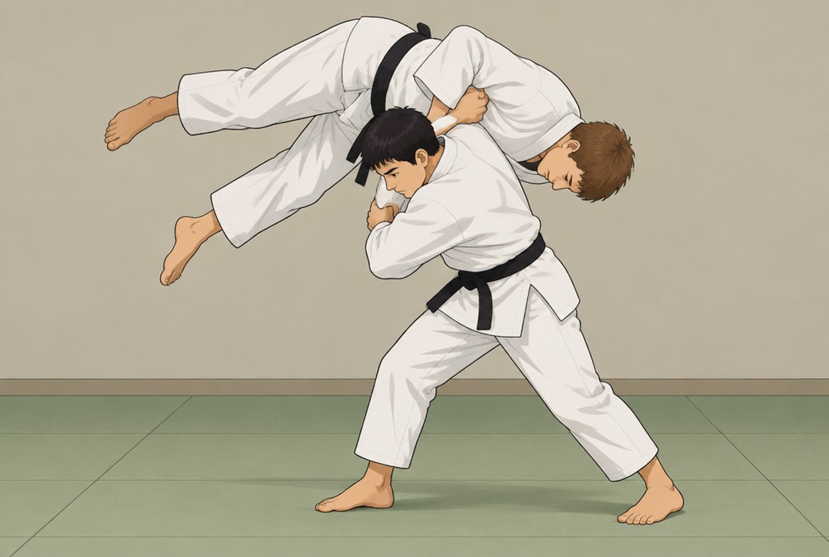 A judoka turning in low to throw a partner over one shoulder.