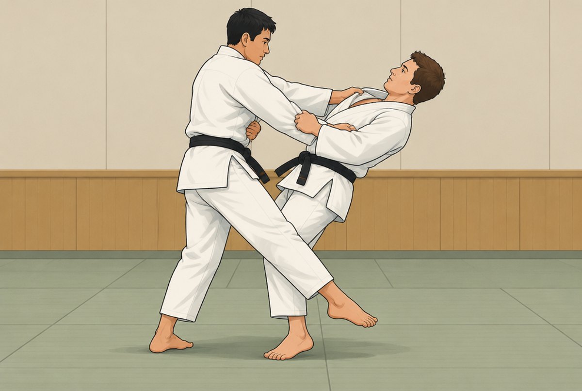 A judoka reaping his partner's leg from the outside as the partner falls backwards.