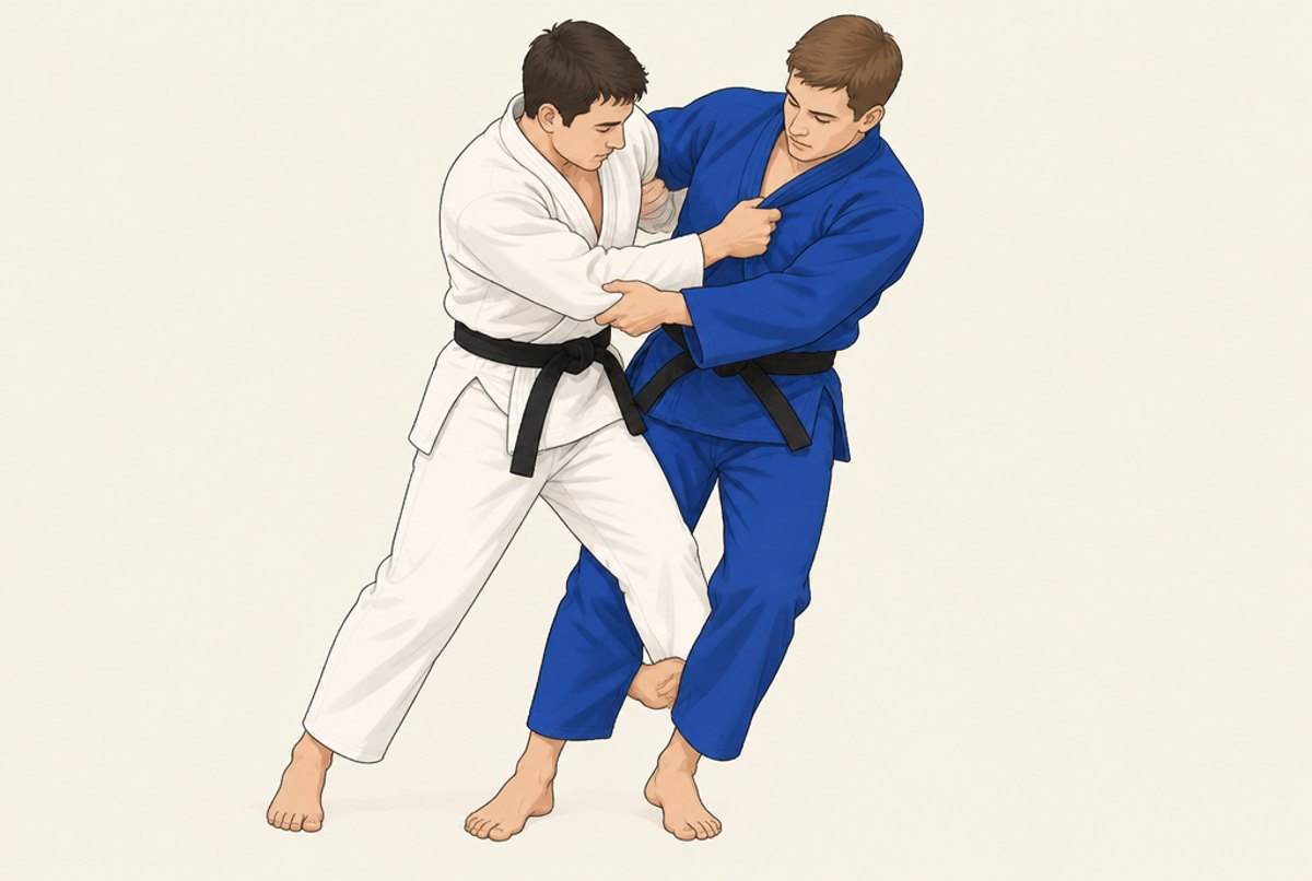 A judoka reaping his partner's leg from the inside to throw him backwards.