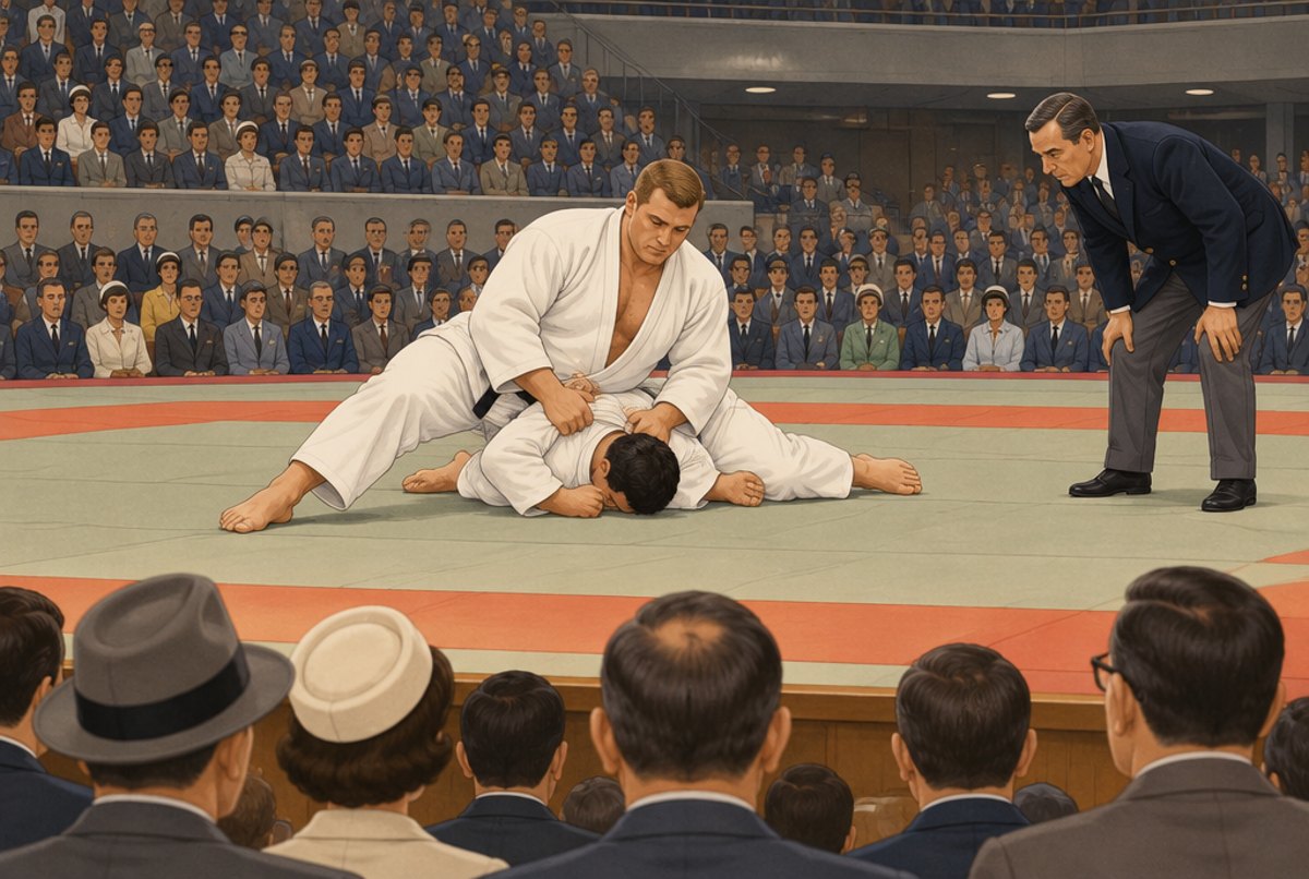 A tall heavyweight holding down his opponent on the mat in a crowded 1960s arena.