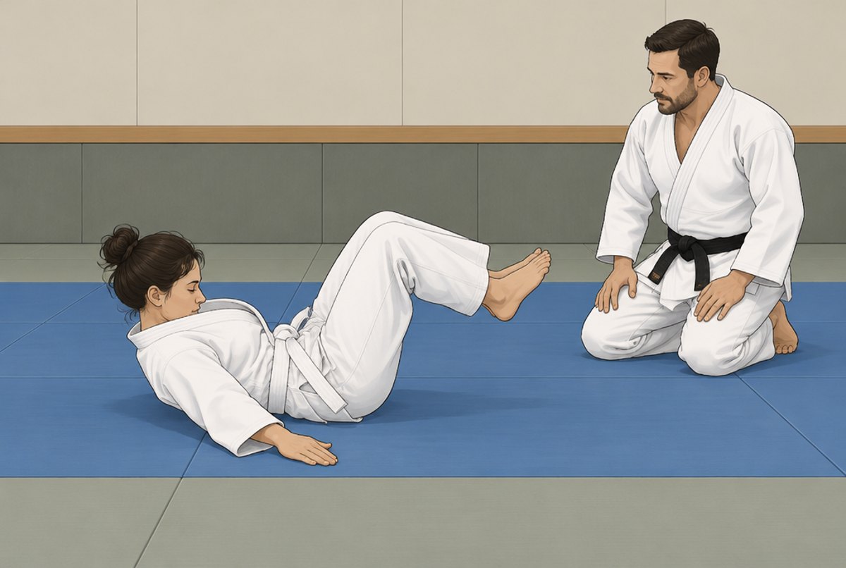 A beginner rolling back with chin tucked and arms slapping the mat in a backward breakfall.