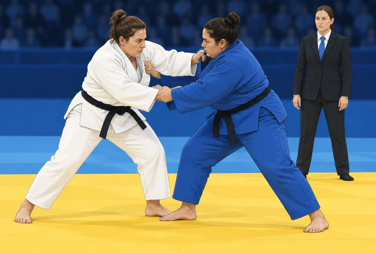 Two women judoka, one in white and one in blue, gripping each other while a referee watches.