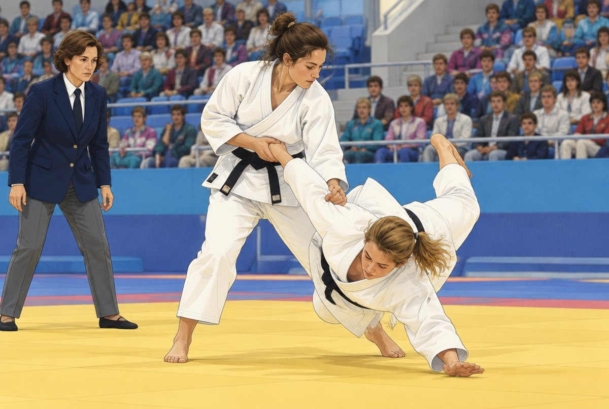 A woman judoka completing a throw in an Olympic arena while the referee watches.