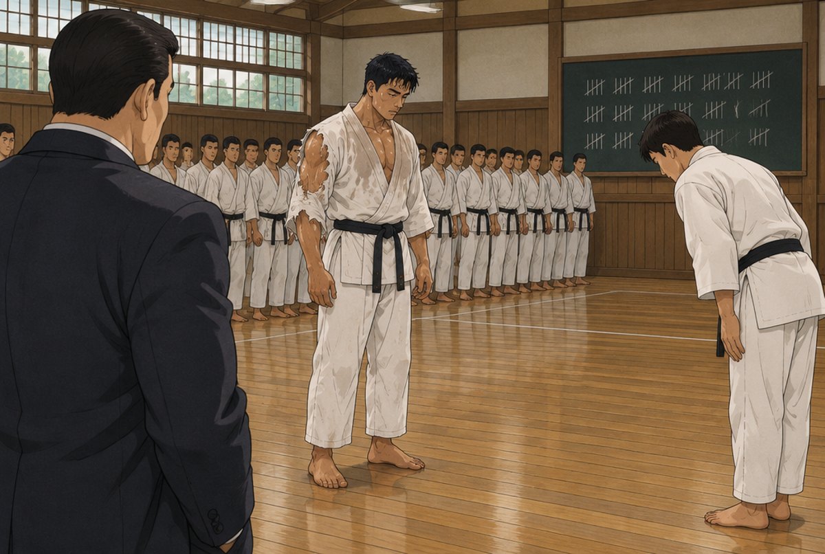 An exhausted karateka facing a fresh opponent while a long line of further opponents waits.
