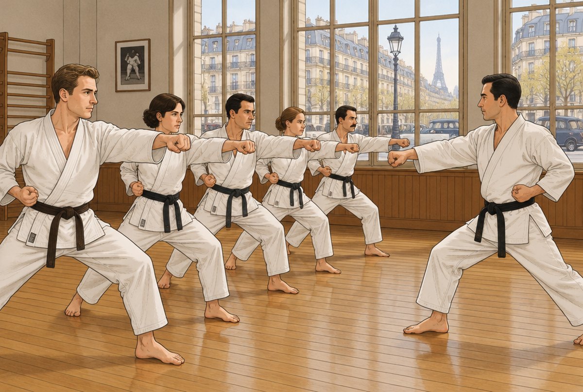 An English student training in a line of adults in a 1950s Paris dojo.