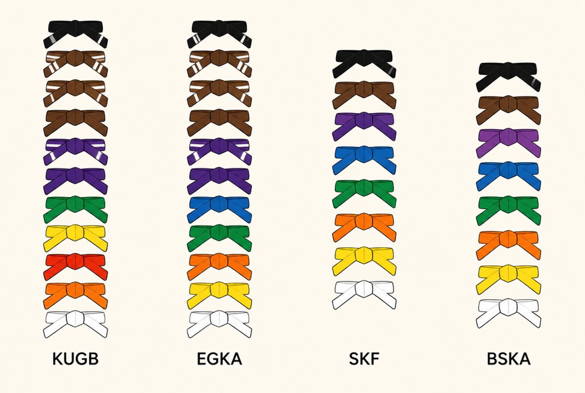 Four columns of karate belts from white to black, one for each of four UK associations, showing their different colour orders.