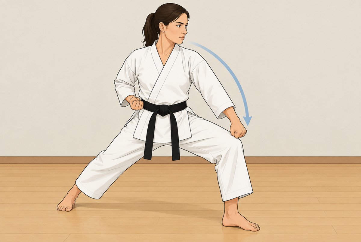 A karate student in front stance sweeping the forearm down to block a low attack.