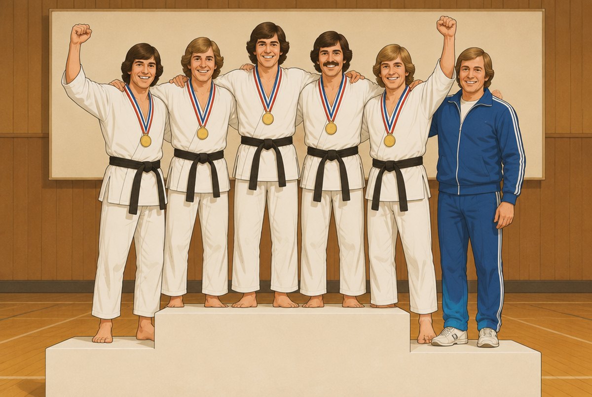 A British men's karate team celebrating on the top step of a podium in 1975.
