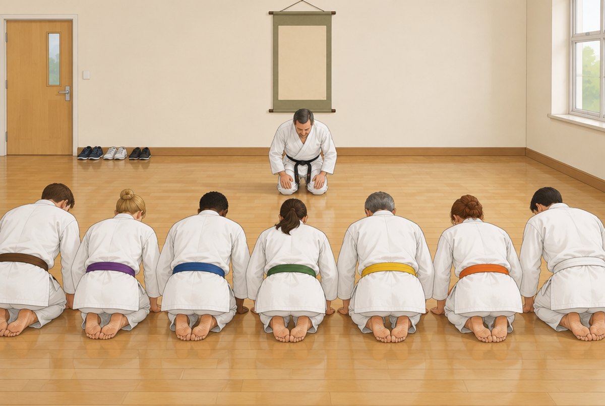A line of adult karate students kneeling and bowing to their instructor at the start of class.
