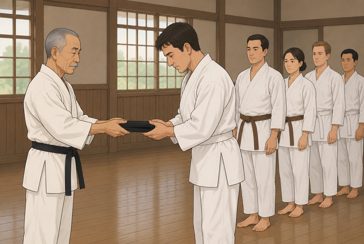 Funakoshi handing a black belt to an adult student while others in white and brown belts look on.