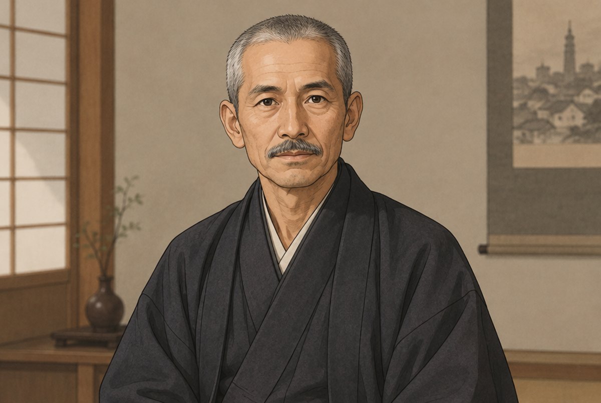 Portrait of Gichin Funakoshi in a dark kimono, looking calmly at the viewer.