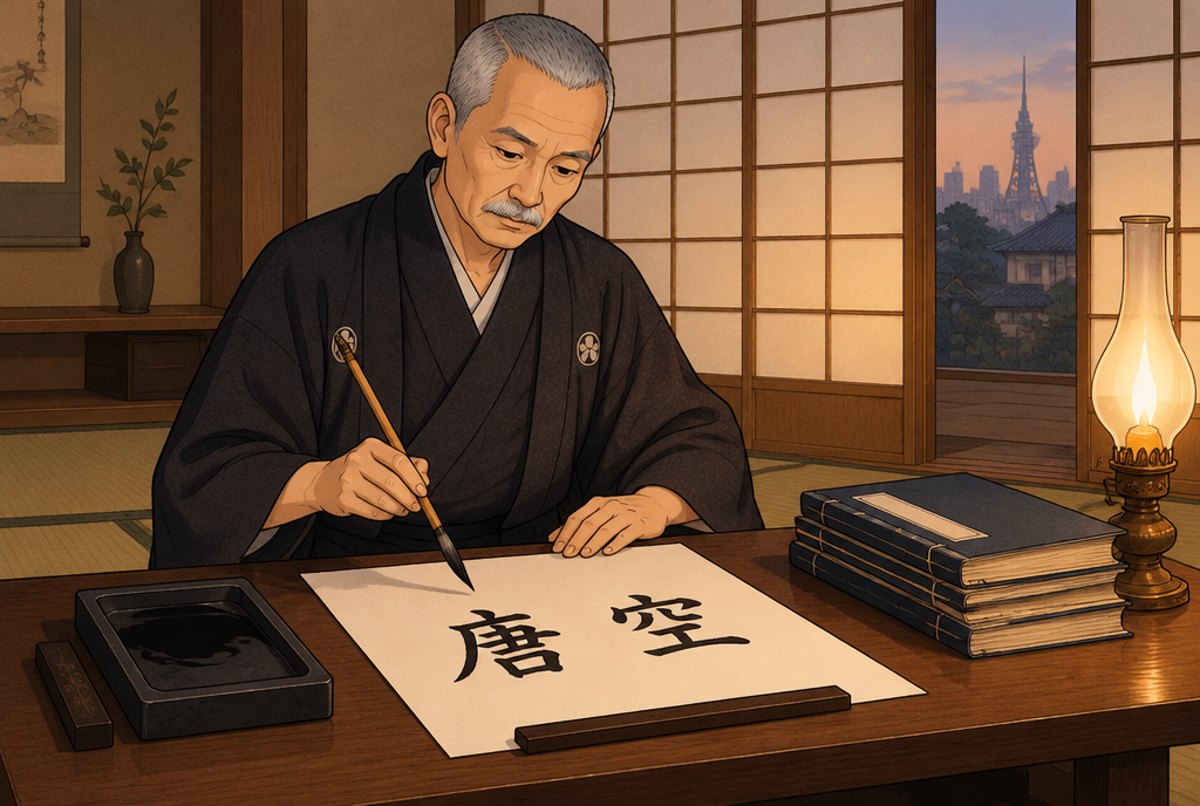 Funakoshi at a low desk with a brush, two characters written large on the paper before him.