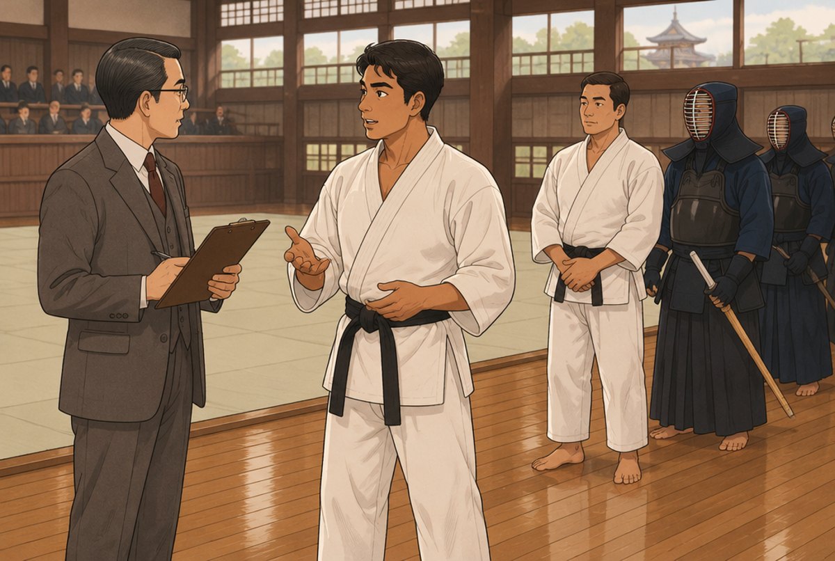 A young karateka in a white uniform answering an official with a clipboard at a demonstration hall.