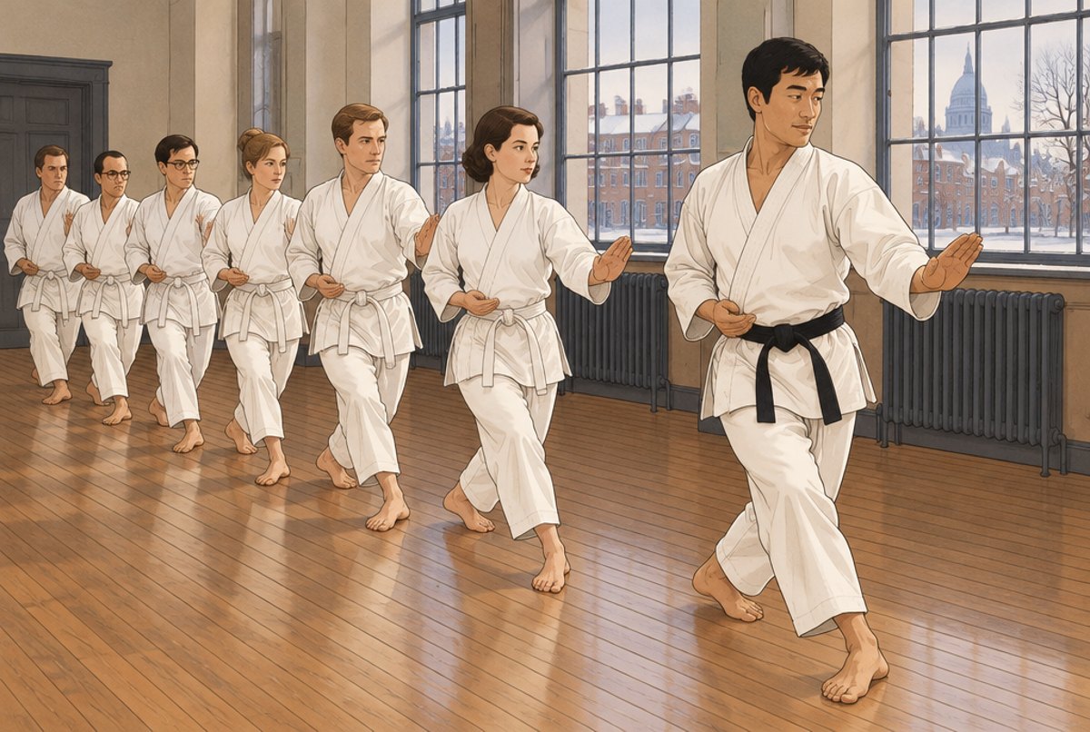 A Japanese instructor moving fluidly through a line of adult British students in a London dojo.