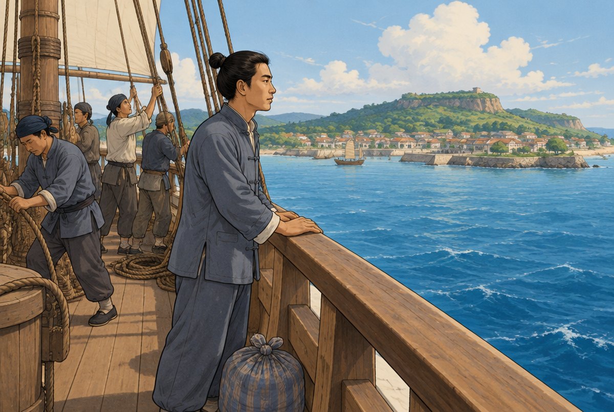 A young man at the rail of a sailing ship as it arrives at Naha harbour.