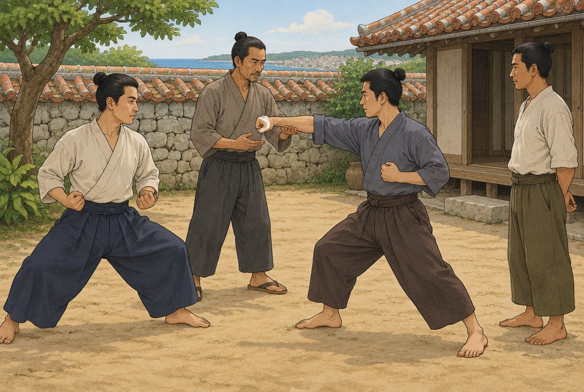 A teacher and three adult students practising rooted stances and circular blocks in a walled yard in Naha.