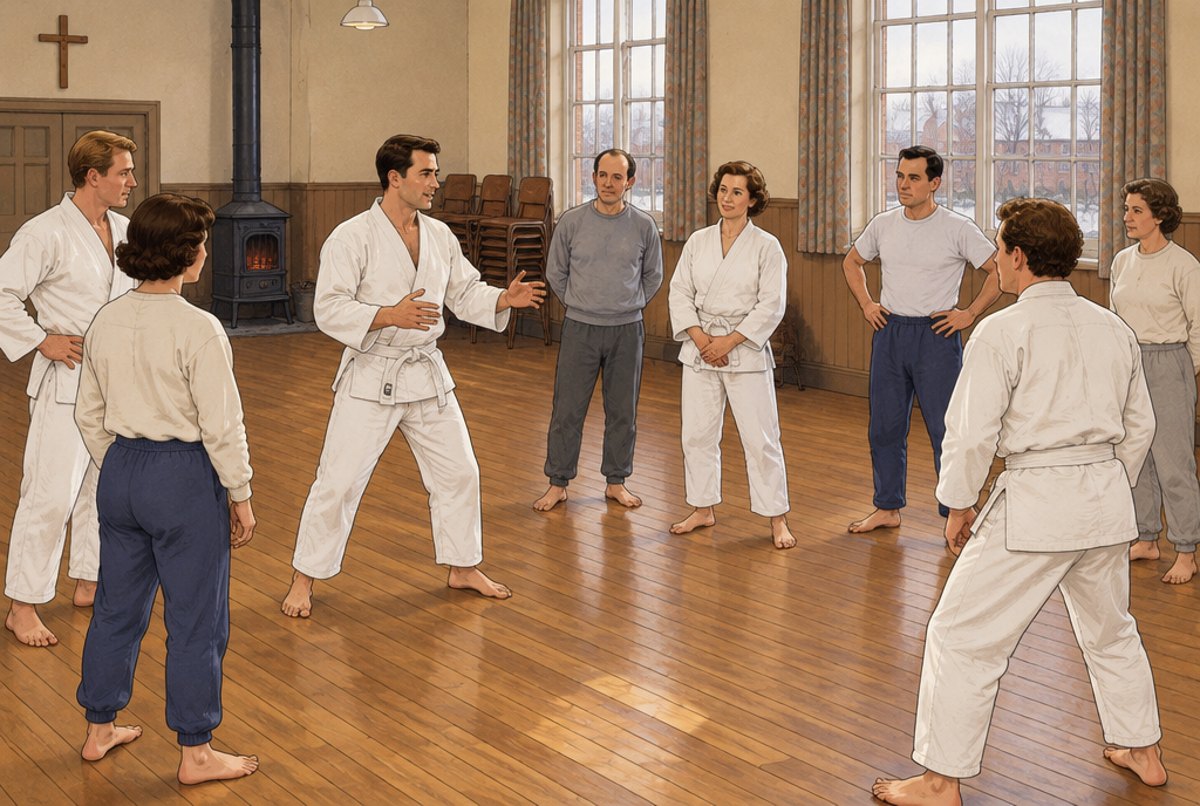 A small adult class in a 1950s church hall following an instructor in a white uniform.