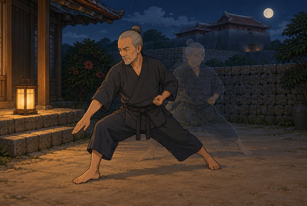 An older man practising a block and punch alone in a lantern lit courtyard at night.