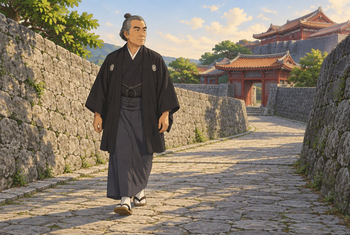 An older Okinawan man in a dark kimono walking a stone road beside castle walls in Shuri.